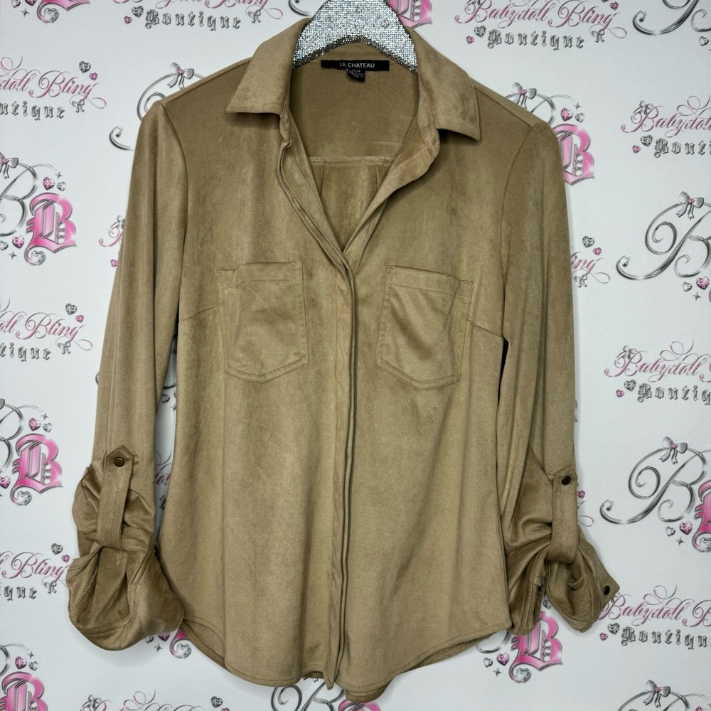 Le chateau button down blouse suede style feel fabric taupe grey brown gray